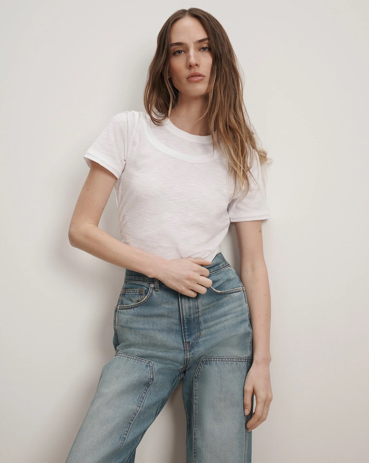 Veronica Beard Damian Double Collared Ruched T-Shirt White Small Quiet Luxary